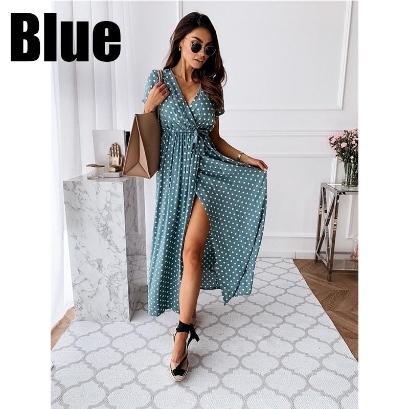 

Летнее женское сексуальное богемное платье с короткими рукавами и v-образным вырезом в горошек, модная повседневная темпераментная длинная юбка 2XL синий
