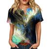 Women's Short Sleeve Linen Cotton Blend Shirt Henley Neck Button Front Pocket Casual Summer Top with Artistic Abstract Print