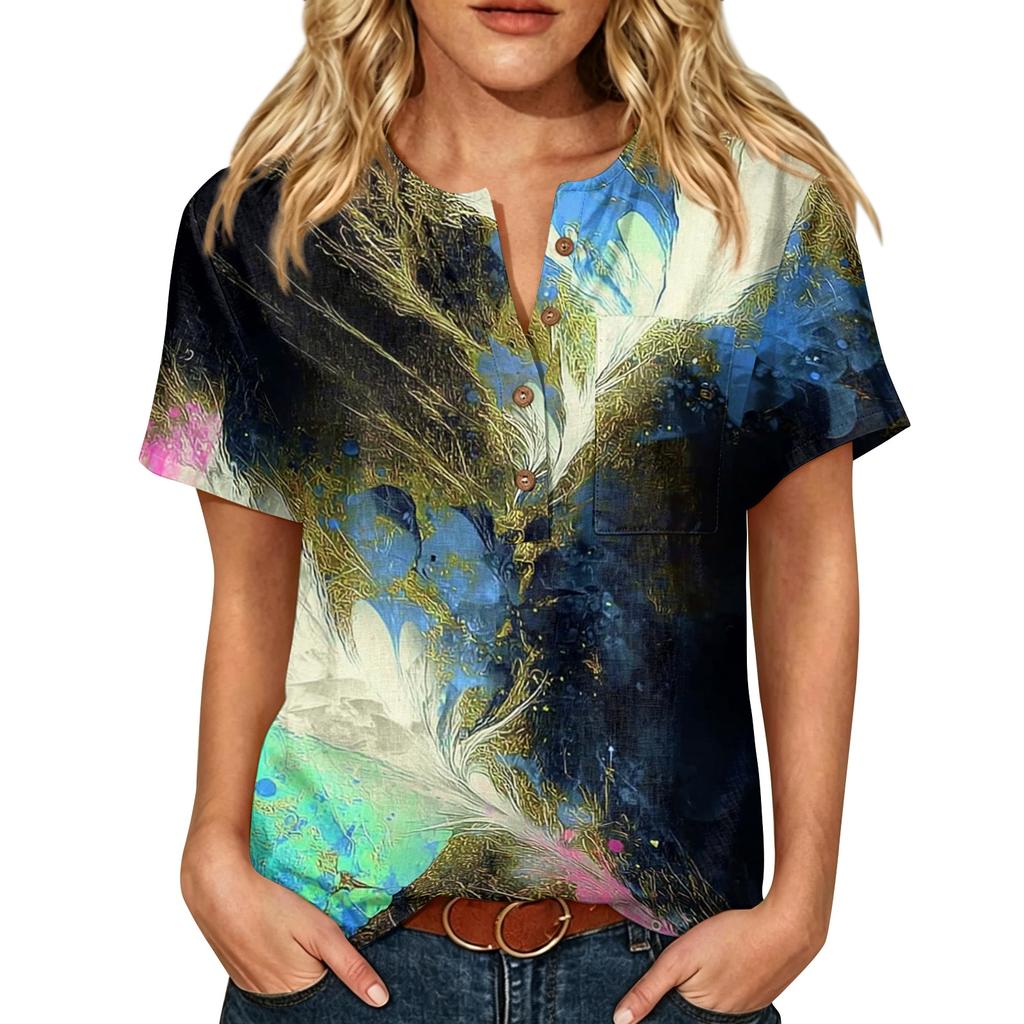 Women's Short Sleeve Linen Cotton Blend Shirt Henley Neck Button Front Pocket Casual Summer Top with Artistic Abstract Print