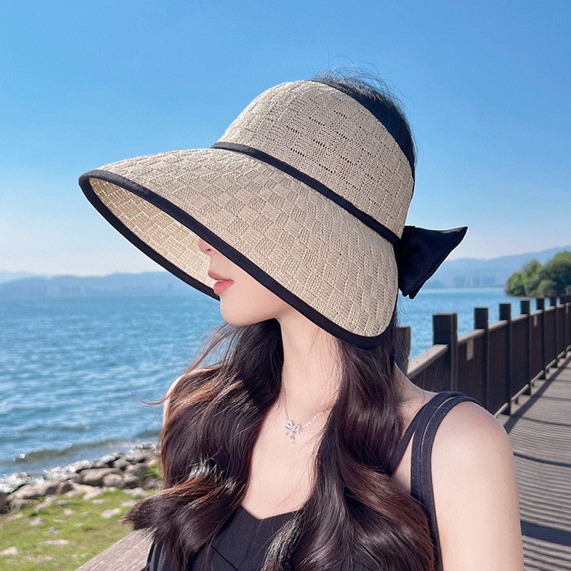 

8249 Hat Female Bows Air Top Straw Hat K-style Versatile Lattice Sun Protection Sun Hat Can Tie Ponytail Summer Beige