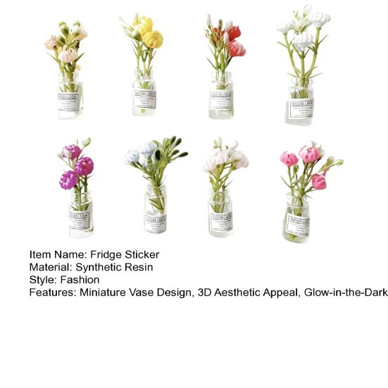 8Pcs Magnet Fridge Sticker Set Mini Vase 3D Design Refrigerator Sticker with Artificial Flowers Glow In The Dark Kitchen Office Decor