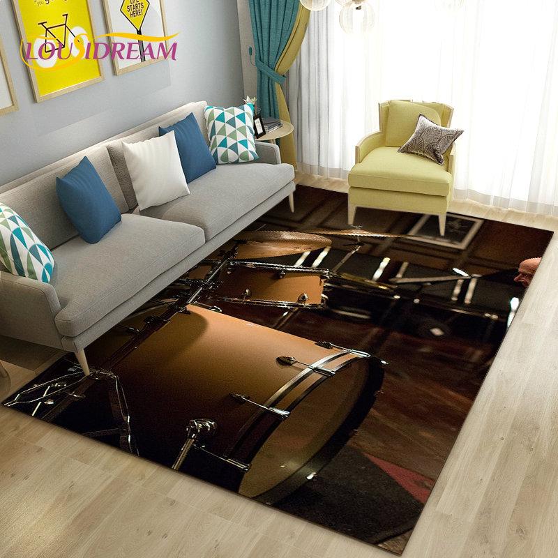 Teppich mit Schlagzeug, Musikinstrumenten, groß, Teppich für Wohnzimmer, Schlafzimmer, Sofa, Fußmatte, Küchendekoration, rutschfeste Bodenmatte für Kinder