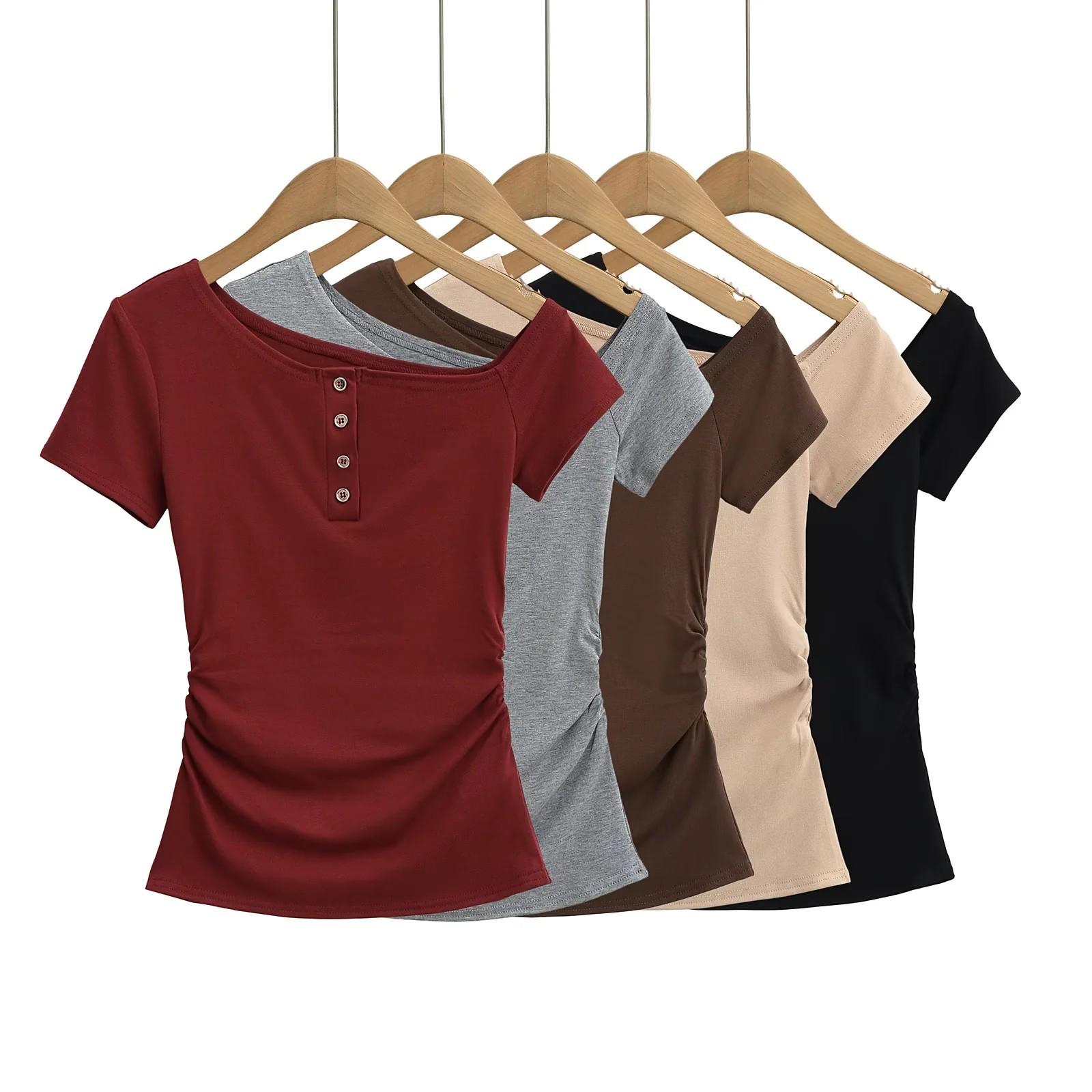 

2025 Summer Off-Shoulder Backless Short-Sleeve Ruched T-Shirt S чёрный