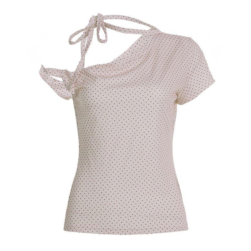 

Summer New Women s Clothing 2025 Ins Internet Celebrity Pure Desire Style Girl Polka Dot Print Off-Shoulder Tie Short-Sleeve T-Shirt Pink S