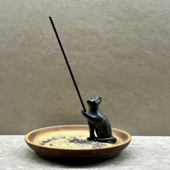 Yousheng Katze Räucherstäbchenhalter Schwarze Katze Räucherstäbchenhalter Handpolierter Dekorativer Räucherbrenner zur Entspannung Meditation Katzenliebhaber