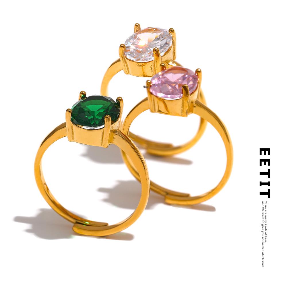 

Eetit изумрудно-зеленое открытое кольцо из нержавеющей стали с кубическим цирконием, водонепроницаемая текстура, регулируемые модные повседневные ювелирные изделия для женщин