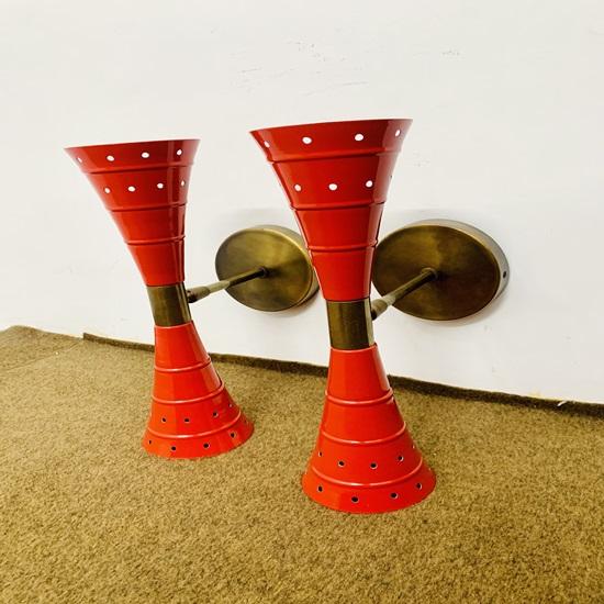 2 Pairs of Bulbs Pair of Wall Sconces, Mid Century Brass, Italian Diabolo Light, 1950's,