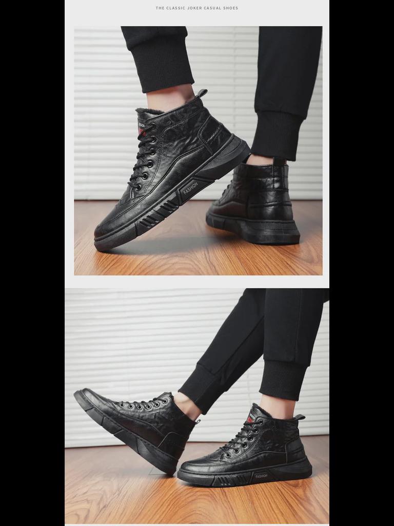 Men's Winter Brogue High-Top Leather Boots - Warm, Casual, Velvet-Lined