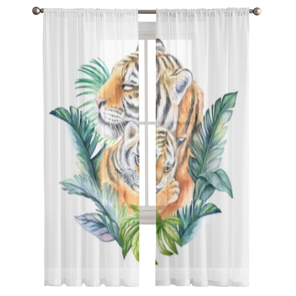 Tigers Tropical Green Leaves Chiffon Sheer Curtains For Living Room Bedroom Decoration Window Tulle Curtains Drapes