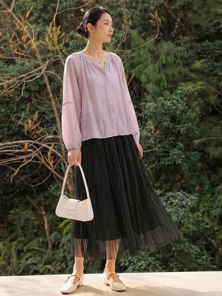 Feiyuan Women's Versatile Pleated Mesh Midi Skirt - Early Spring, Breathable, Large Hem, Commuter Style.