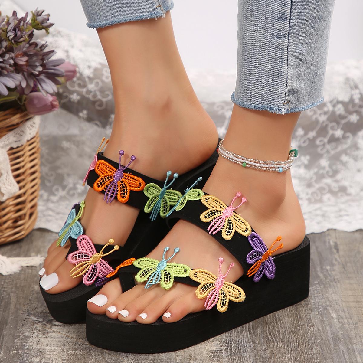 

Fashion 2024Summer Women Rhinestone Butterfly Flip Flops Female Slippers Wedges Platform Slippers Non Slip Shoes Sandals Shoes for Women 42 чёрный