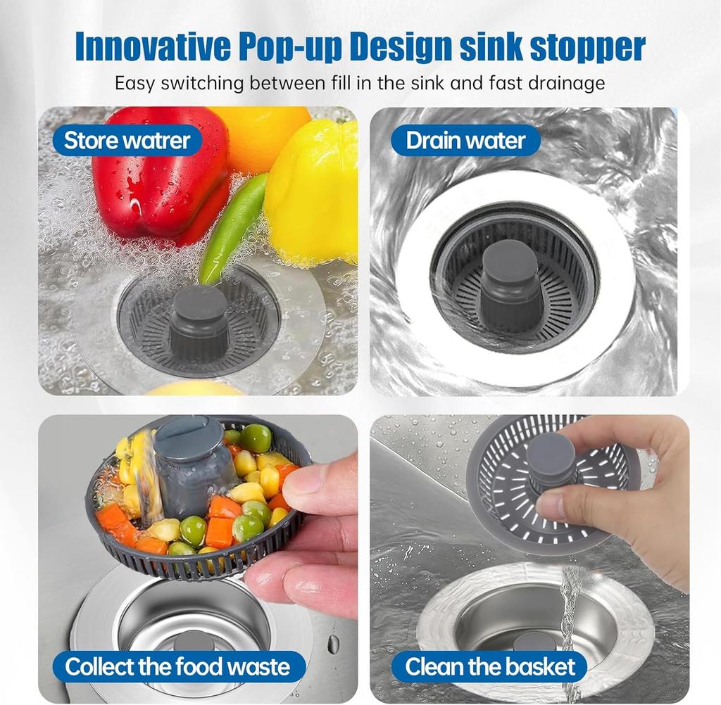 3 in 1 Kitchen Sink Drain Strainer Stainless Steel Pop Up Sink Stopper Kitchen Sink Stopper Drain Plug with Anti-Clogging Basket