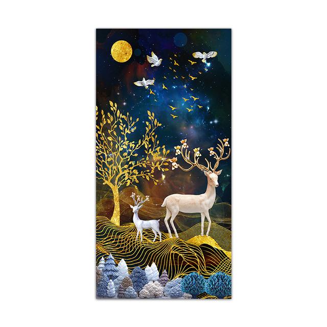 

Скандинавская абстрактная картина с белым лосем и золотым деревом на холсте, пейзажные постеры и принты, настенные художественные картины для гостиной, домашний декор 20*40cm