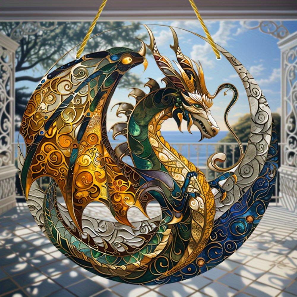 Dragon Sun Catcher. Circular stained glass plaque for wall or wreath decor. An artistic accent.