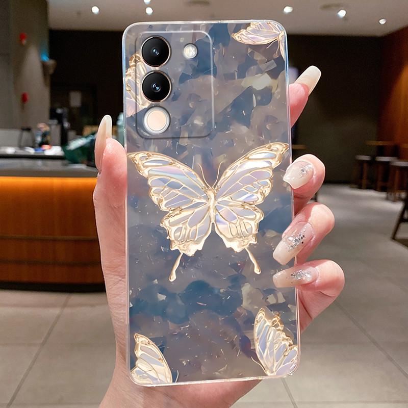 Phone Case For Vivo V29e V27e 5G Slim Soft TPU Cover Clear Silicone Aesthetic Luxury Fashion Butterfly Flowers New Design Case