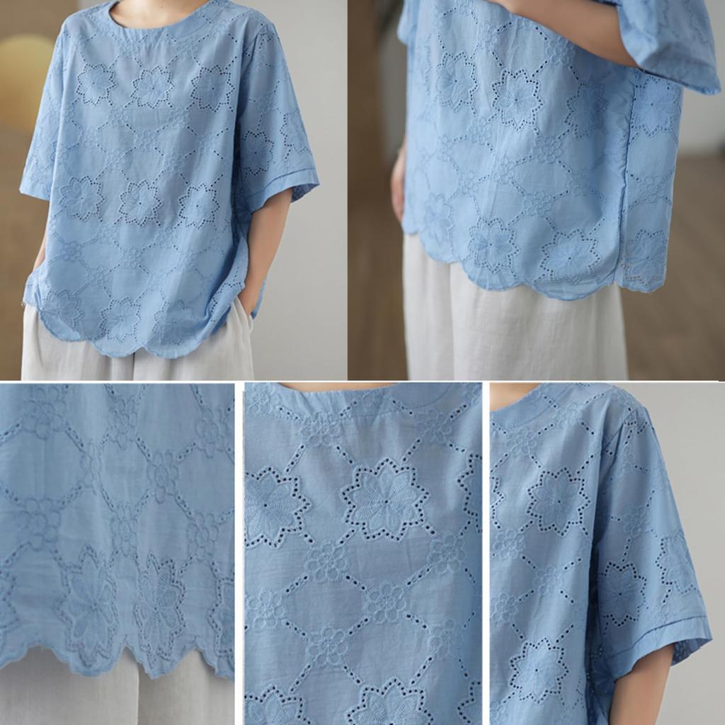 JoccKorr Short Openwork Large Floral Loose Solid Perfect for Women's T-Shirt, Blouse, Sleeve, Cotton/Linen Shirt, Size, Print, Pullover, Fit, Casual,