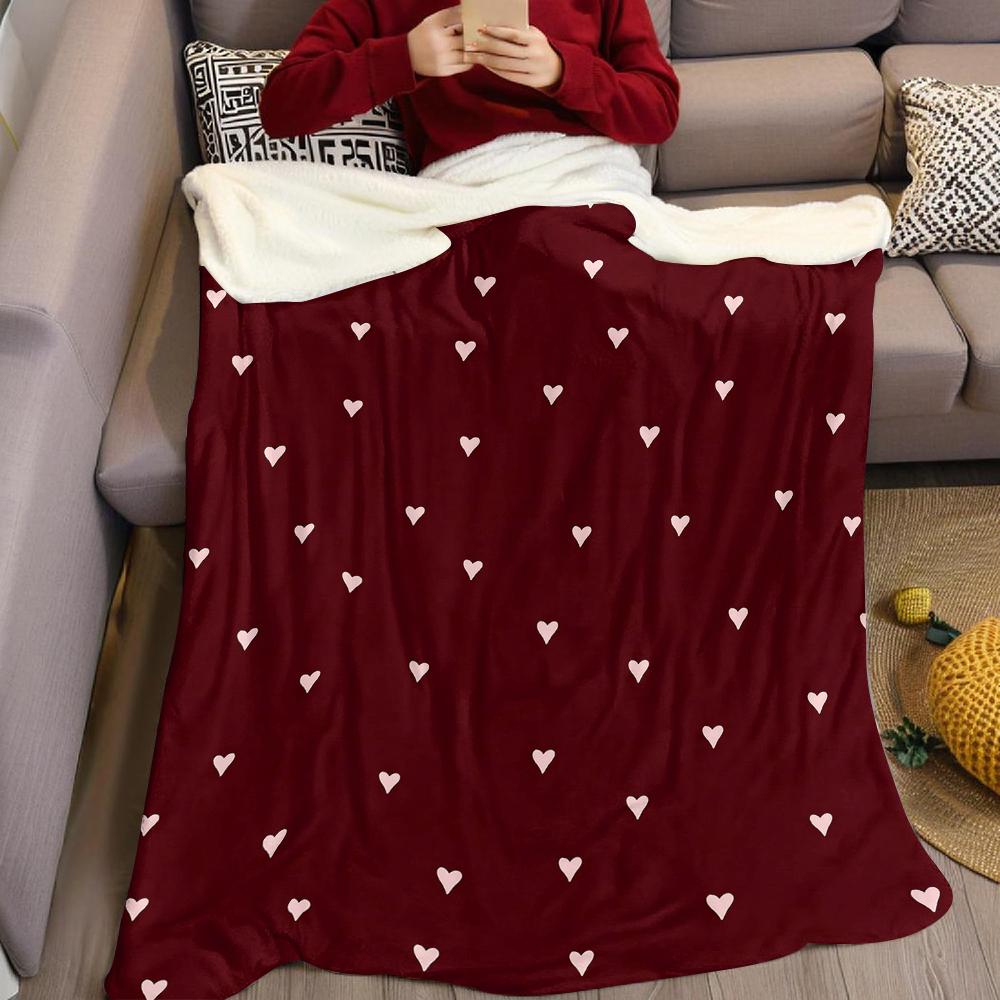 Burgundy Hearts Flannel Blanket Warm Soft Halloween Christmas Couch Warm Cozy Decorative Decor Gift for All Season