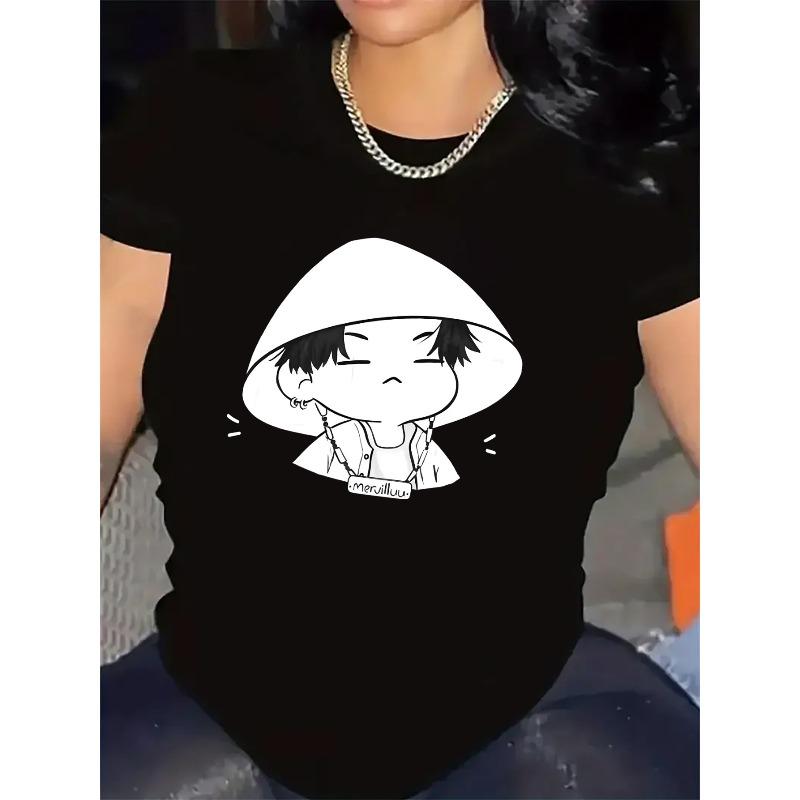 WOMEN'S Short Sleeve T-Shirt With Anime Print |, Lightweight And Durable, Crew Neck, Perfect For Casual Wear At Home Or Restaurant, Comfortable Fit