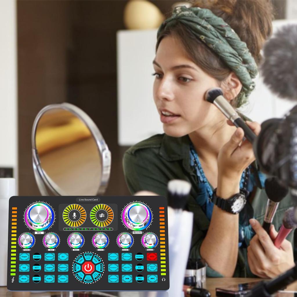 BONKYO Audio Interface Karaoke Q7 Live Sound Card with Voice Changer and Audio Bluetooth Wireless Stream and Live Broadcast Support Male/Female Mixer,