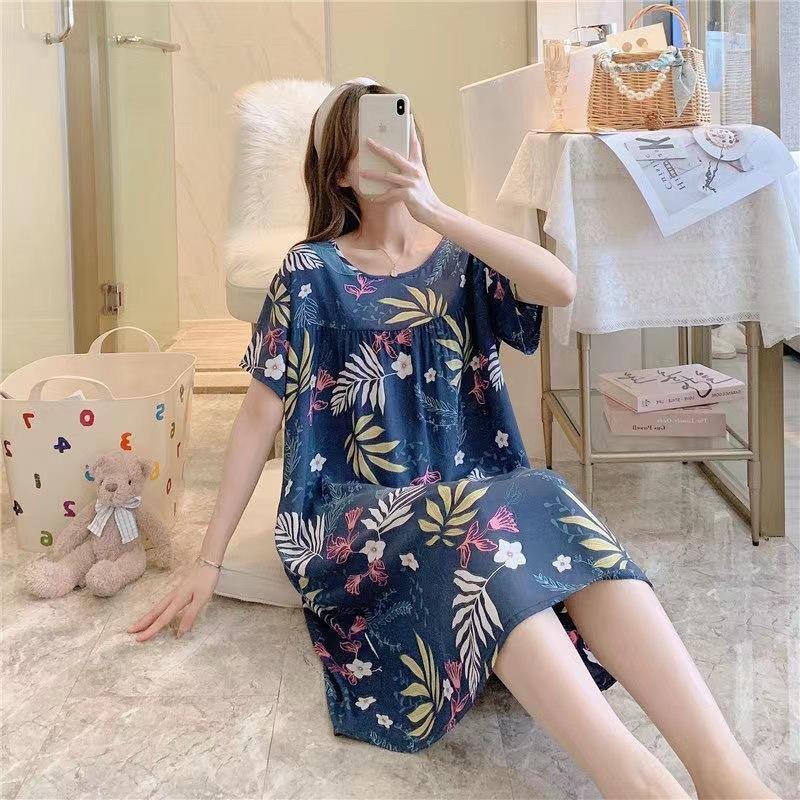 Women's Short Sleeve Women's Cotton Silk Nightgown Printed Summer Nightdress Home Clothes