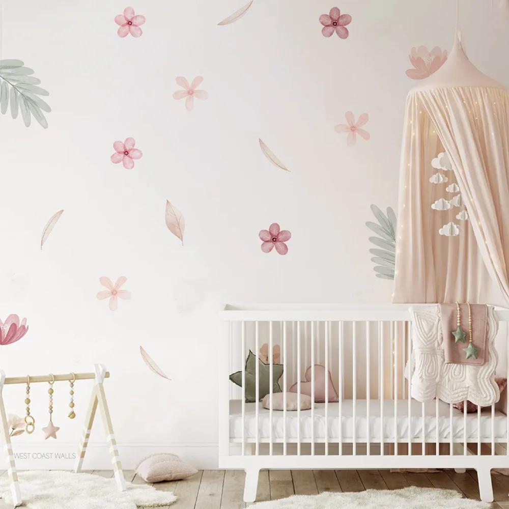 Boho Pink Floral Botanical Wall Stickers Decoration for Kids Room Living Room Interior House Decor Vinyl Wall Decals Art Mural