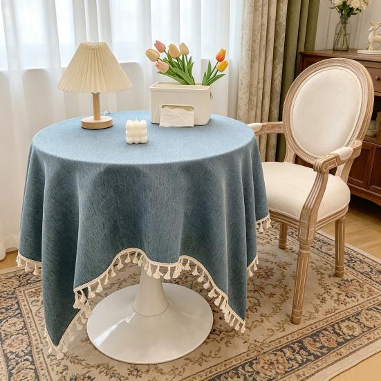Tovaglia in Cotone e Lino con Bordi Frangiati, Tovaglia Monocolore Lavabile con Nappe, Copritavola Rotondo per Cucina Sala da Pranzo