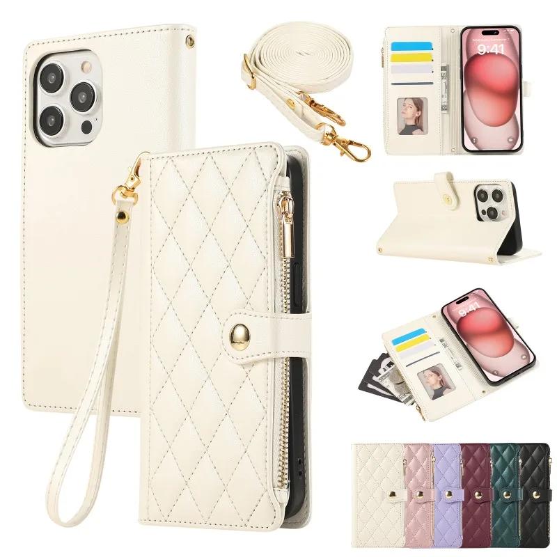 Crossbody Wrist Strap Leather Phone Case for IPhone 16E 17 Ari 16 15 14 13 12 11 Pro Max XS 8 Plus Wallet with Card Holder Cover