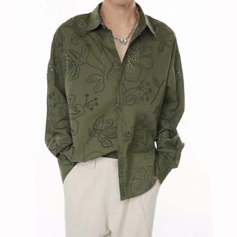 Niche Hollow Shirt Men's Long-sleeved Autumn New Design Jacquard Green Shirt