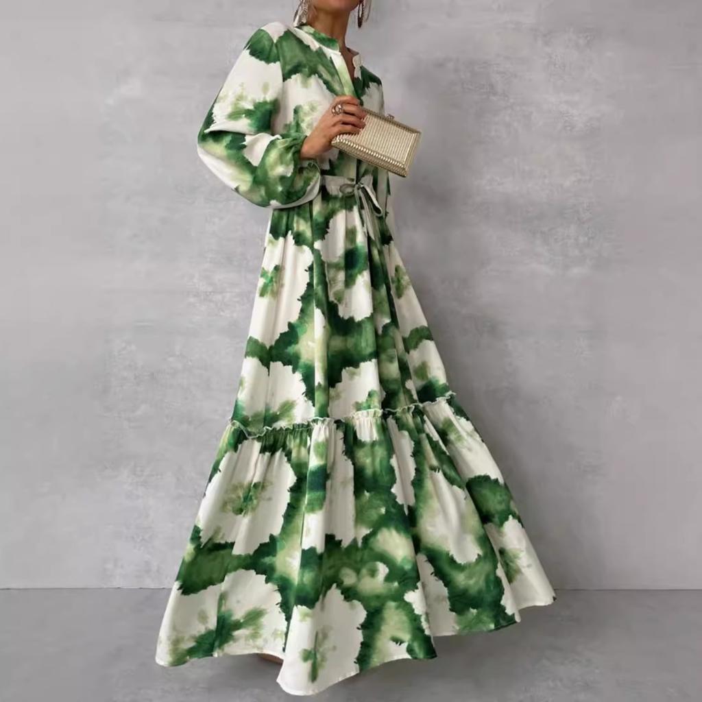 Dames Jurk met Lange Mouwen, Bedrukt, Maxi Lengte, Verstelbare Taille, A-lijn, Elegante, Wapperende Jurk