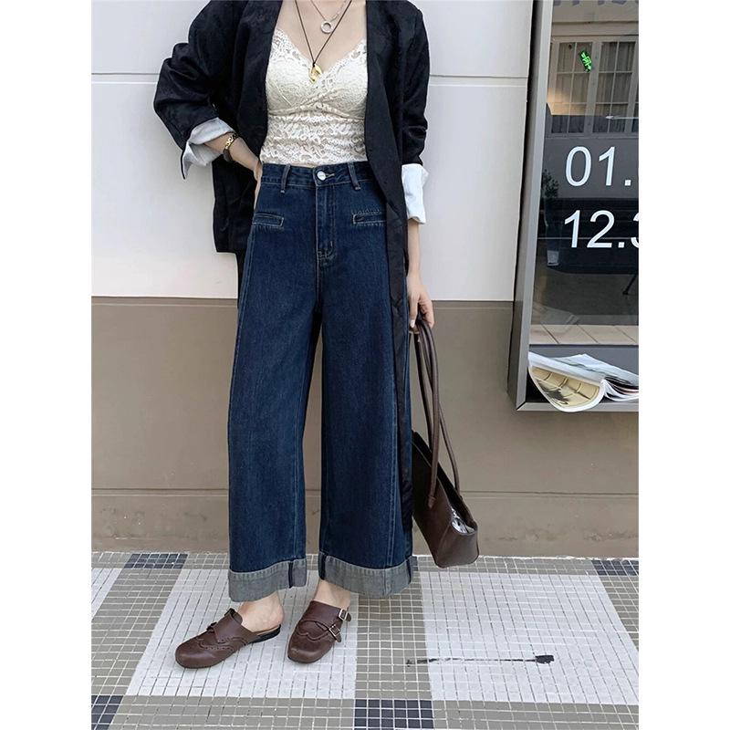 

Plus Size Vintage Blue High-Waisted Straight Wide-Leg Jeans for Women - Spring & Fall Collection L темно-синього кольору