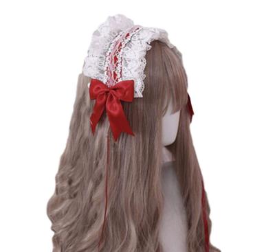 Lolita Lace Headband Frill Gothic Lolita Ribbon Cosplay Hair Ornament Hair Accessory Moe Cute Maid Cafe Women's [J's Select] (Red)