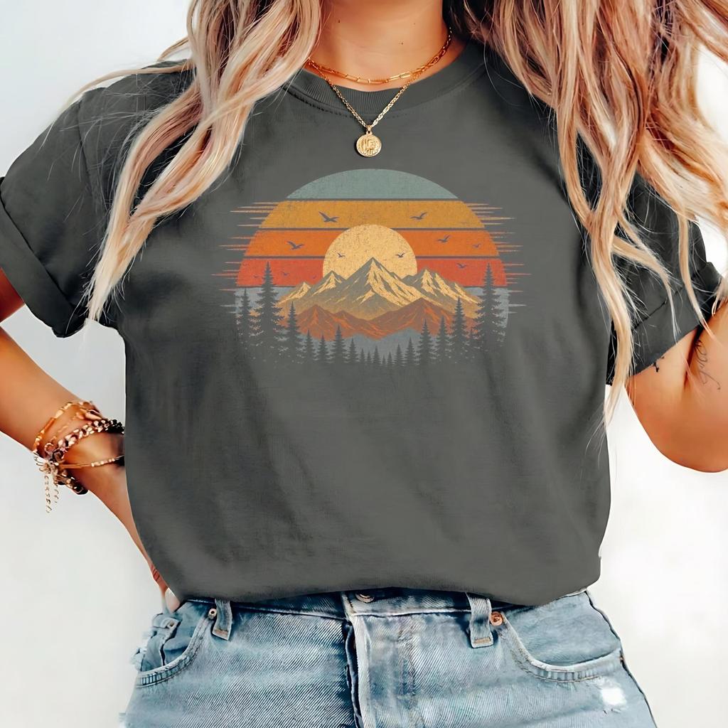 Casual Retro Sunset Mountain Tshirt Wornout Natural Pattern Tshirt Nostalgic Adventure Shirt Hiking Camping Outdoor Gift