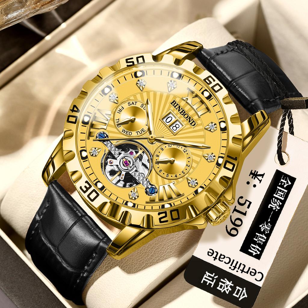 BINBOND Luminous Waterproof Men's Watch Auto Date Business Reloj Automatic Tourbillon Mechanical Wristwatches For Men Luxury