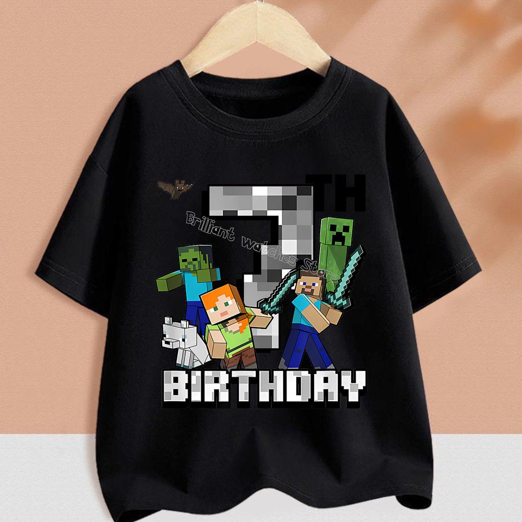 Hot Pixel Game T-shirt Birthday Number Clothes Round Collar Clothing Minecrafted Cartoon Short Sleeve Black Summer Tee Top Gift