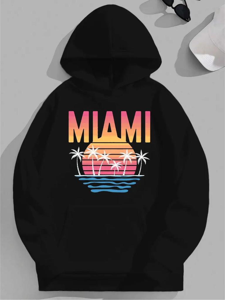 Plus Size Miami Sunset Palm Trees Graphic Hoodie - Black Relaxed Fit Casual Pullover with Geometric Design