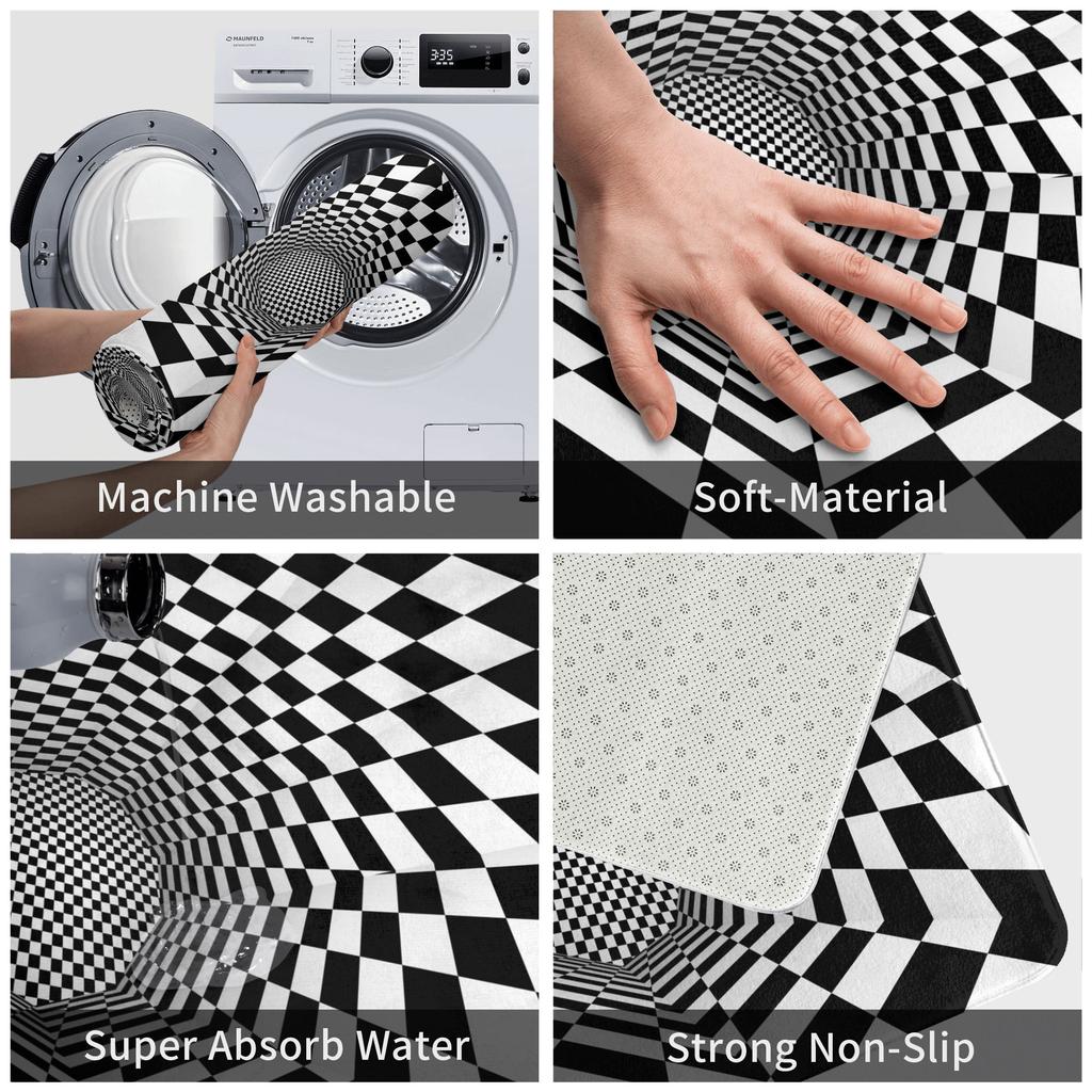 3D Checkered Swirl Trap Doormat Mat Anti-Slip Geometric Vortex Illusion Bathroom Kitchen Toilet Rug Carpet 40*60cm