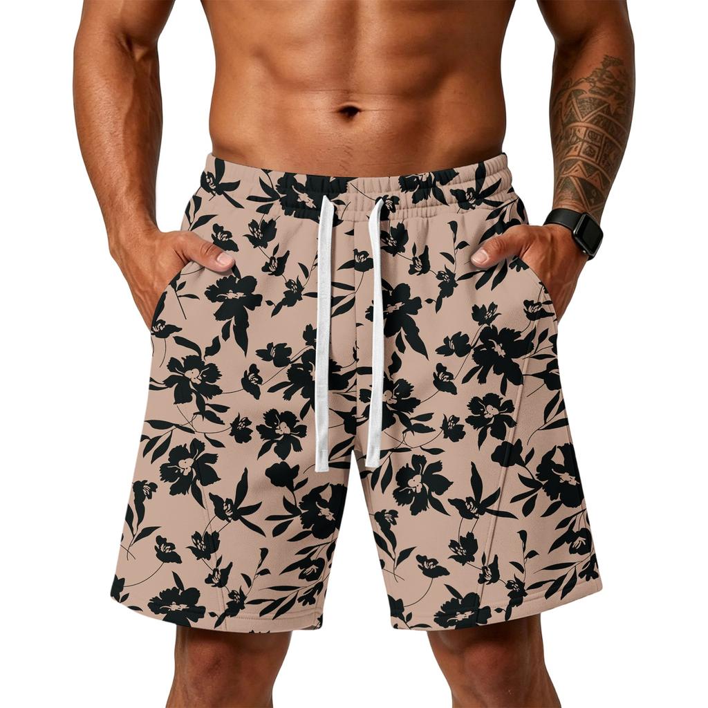 Men Floral Print Loose Fit Athletic Training Gym Beach Shorts with Pockets Elastic Waistband Drawstring Casual Sportswear