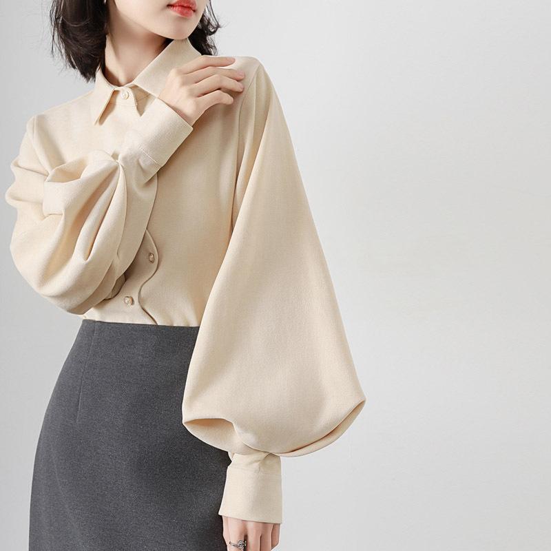 

Винтажная рубашка поло с воротником-фонариком и длинными рукавами, женская весенняя новая рубашка нестандартного дизайна XL абрикосовый