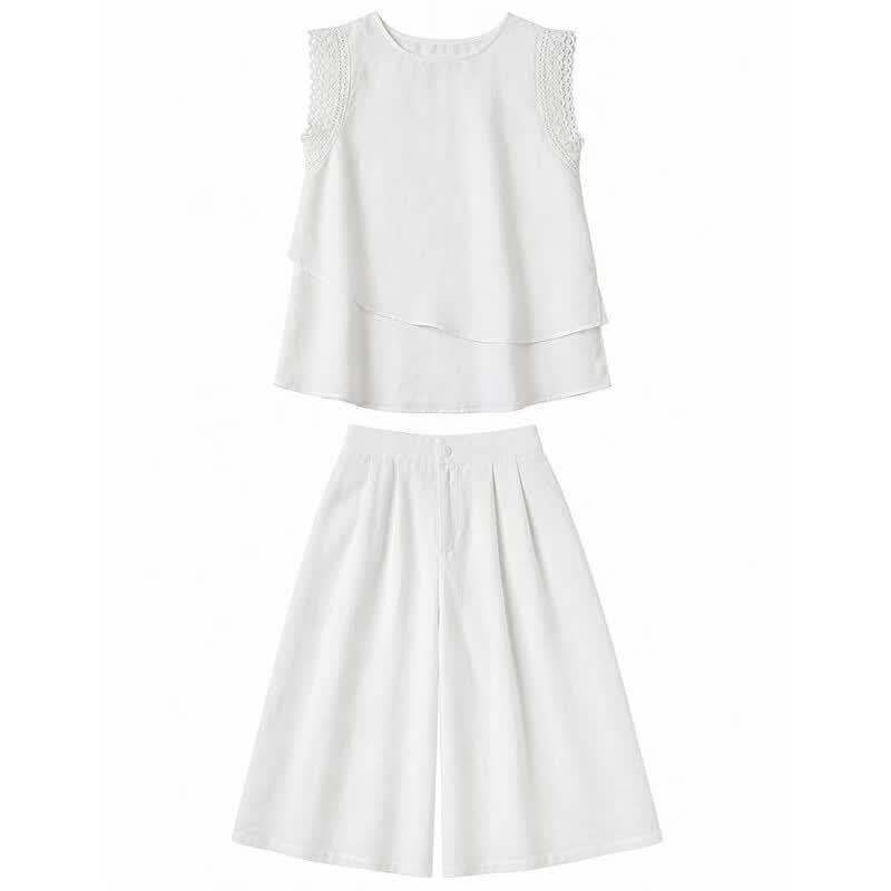 Women's Linen Blend Lace Patchwork Two-Piece Set