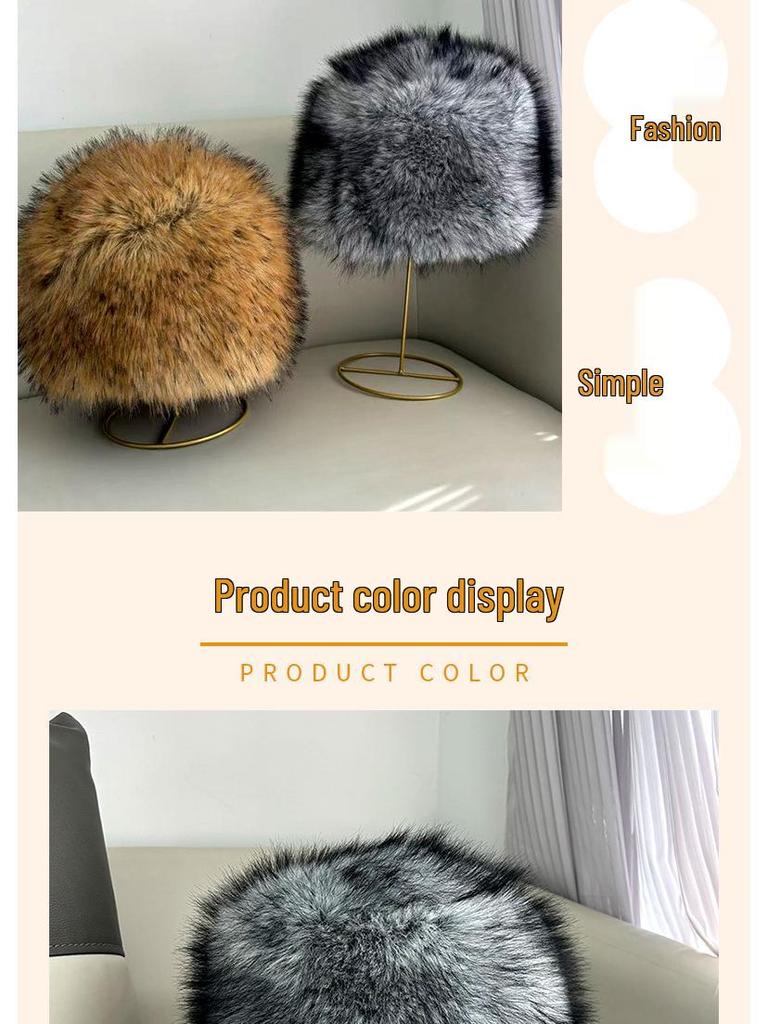 Faux Fox Fur Flat Top Winter Hat with Ear Protection, Thick and Versatile