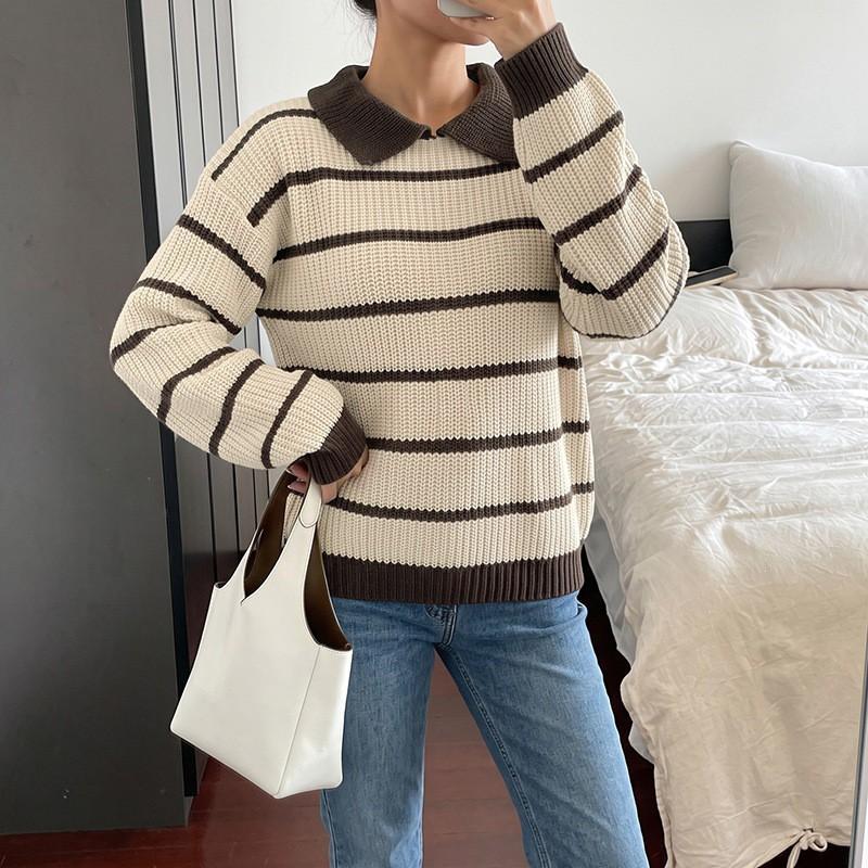 Womens Striped Contrast Color Collar Sweater Loose Casual Long Sleeve Knit Top