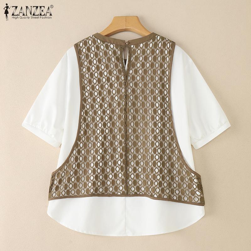 ZANZEA Women Casual Round Neck Loose Short Sleeve Patchwork Blouse