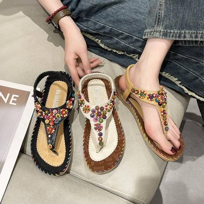 Fashion Summer Designer Casual Bohemia No Heel Sandals for Women 2025 Comfortable Anti Slip Hot Luxury On Sale Wholesale Vip Woman Shoes