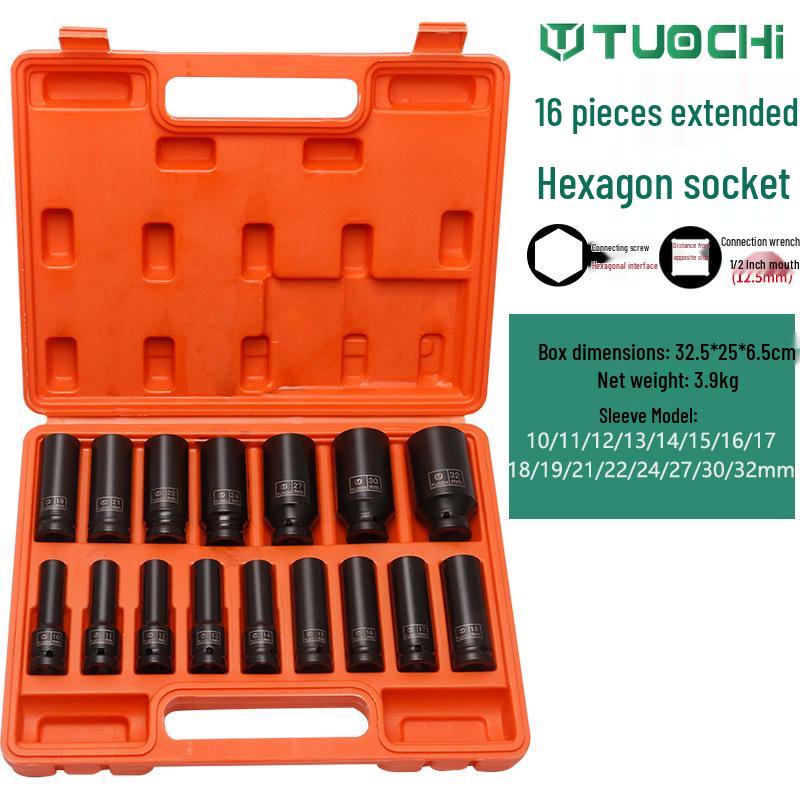 16-Piece 12-Point Hex & Flower Socket Set, 1/2 Extended Pneumatic for Air Wrench & Car.