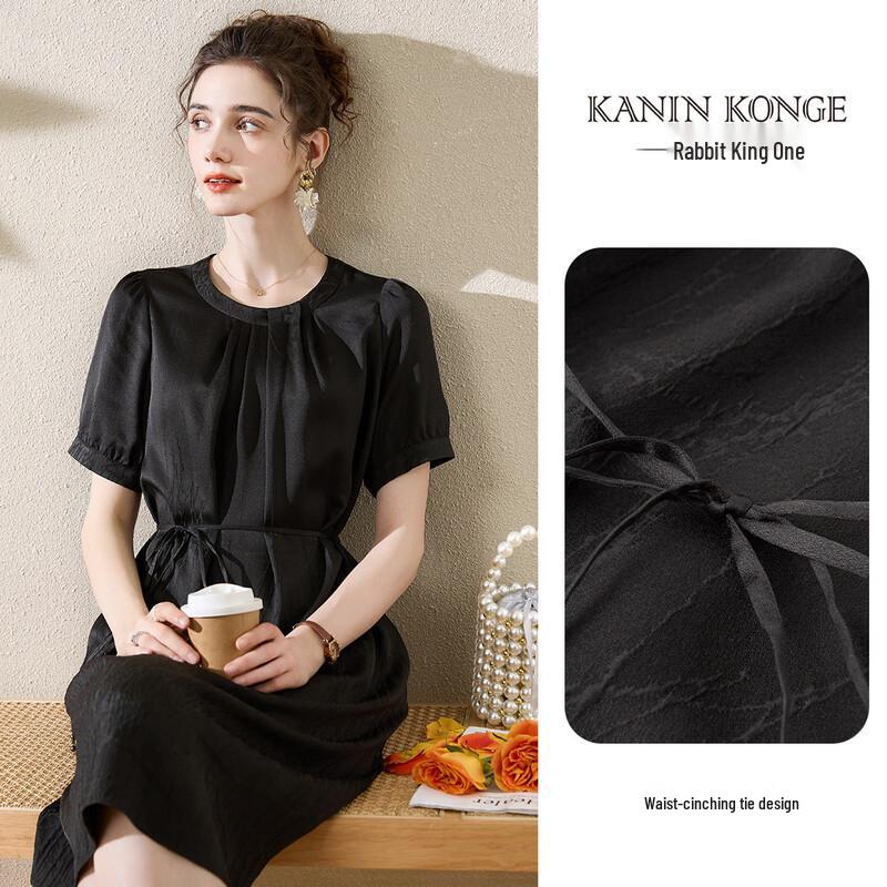 TUHUANG 100% Mulberry Silk Jacquard Round Neck Midi Dress L