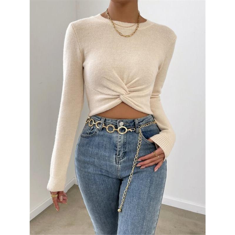 Women Slim Fit Cross Design Round Neck Long Sleeve Knit Sweater