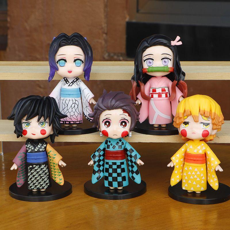 Demon Slayer Q Version Anime Figures Set 5pcs Tanjiro Nezuko Zenitsu Inosuke Shinobu Kimono Yukata PVC Toys Gift