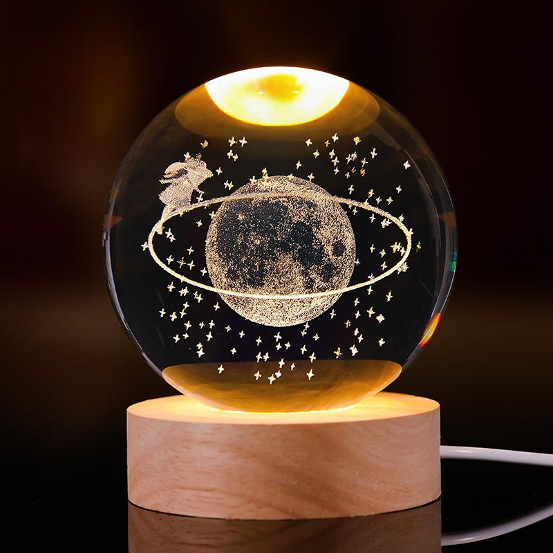 Crystal Ball Night Light 3D Carved Starry Sky Solid Wood Base Soft Bedside Lamp for Bedroom Decor Gift