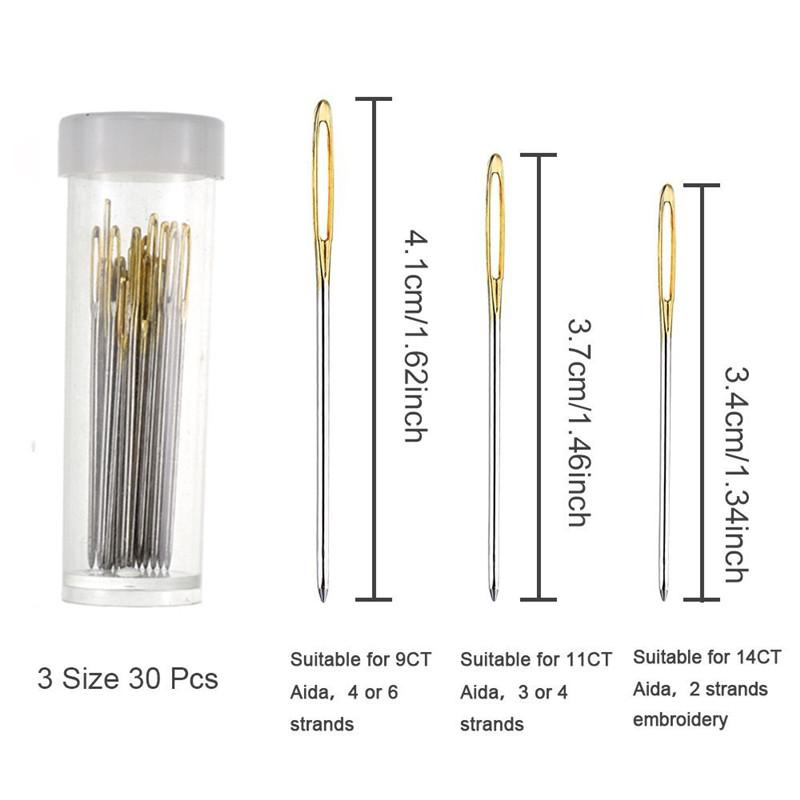 30pcs 3.4cm 3.7cm 4.1cm Embroidery Cross Stitch Needles Hand Sewing Needles Gold Eye  With Threaders Home DIY Sewing Accessories