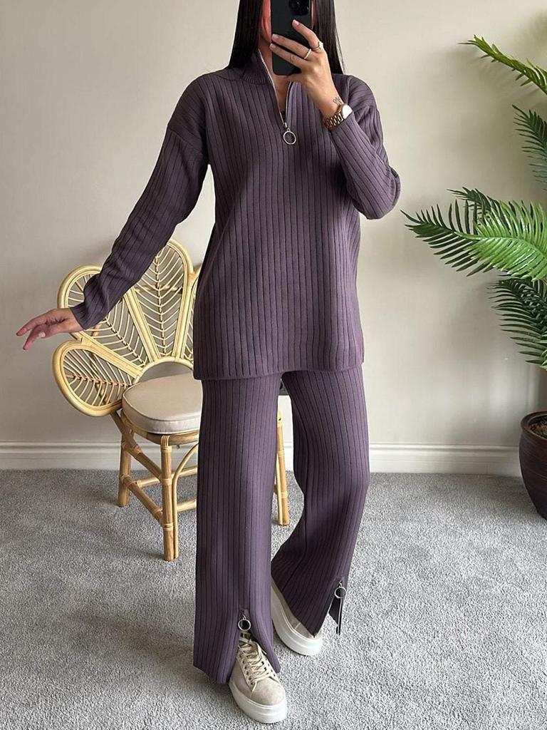 Spring 2025 Women's Solid Color Zippered Knit Set: High Neck Ribbed Loungewear Two-Piece